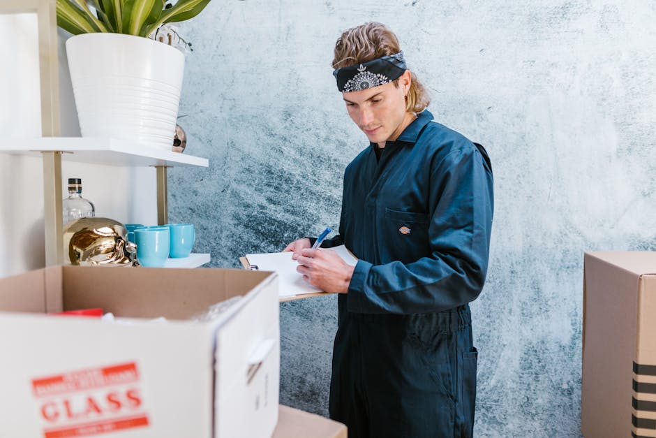 A man wearing a dark blue work jumpsuit and a black bandana with white patterns is inside a room, holding a clipboard and pen, likely documenting or planning the home relocation process. He is standing next to a cardboard box labeled 'CLASS' filled with various items, including red and white packaging material. The background features a textured, light-colored wall and a white shelving unit with decorative objects such as a large white ceramic pot with a plant, two blue cups, and a gold decorative item. The scene captures a moment of preparation or organization during furniture transport or packing for a house move, with natural lighting illuminating the workspace. This setting reflects a professional approach to home removals, typical of services offered by [COMPANY_NAME], specializing in packing, loading, and logistical coordination for local removals in the Arnos Grove area.