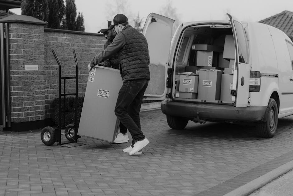 Two movers from Man with Van Arnos Grove are engaged in a home relocation process, handling a large, rectangular cardboard box with warning labels and fragile symbols. They are outside a property, pos